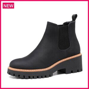 Chunky Platform Chelsea Boots Slip-On Suede Leather Ankle Boots Women